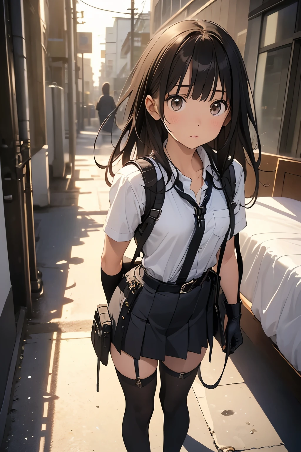 high quality, masterpiece, Ultra-high resolution, (realism: 1.4), Oil painting style, Cinema Lighting, , I stood on the empty asphalt road and looked at it., And the suspenders with the cranes flying　　Moderate breasts　 　 　　　　Small face　 　　　holster　　　　　　　 Lying in bed　Looking up　　　　Sweat 　　　belt　summer　脇Sweat 　Black Hole Gloves　suit　　　　 mini skirt　garterbelt　Leg Links　ズボンにbelt　　holster　 　　Hands behind your back　 Anxious expression　Looking up　Anxious face　Knee-high　Knee socks　Knee-highソックス garterbelt　garter　ふとももにgarterbelt 長髪