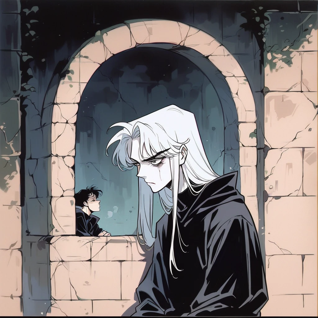 vintage, amazing details, Best quality, Motion Blur, surreal, Dreamy, very detailed, (Natural skin texture, soft light), (((Beautiful, high quality, a lot of details))), ((1 boy,)) Beautiful young boy, portrait, thin young man, Long white hair, pale skin, sad look, Painful face, Gloomy atmosphere, feeling of loneliness, black robe, looking into the camera