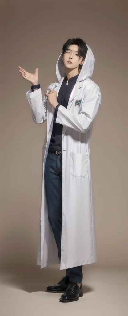 (Fair skin),((white lab coat)), (black hoodie underneath),Iris,(gender: Natural Face),(Japanese),(leather shoes),long body,handsome young asian man, Japanese idol style, short clean-cut hair, (center part), calm confident expression, hands in lab coat pockets, plain white background, portrait, high quality, detailed, 8K