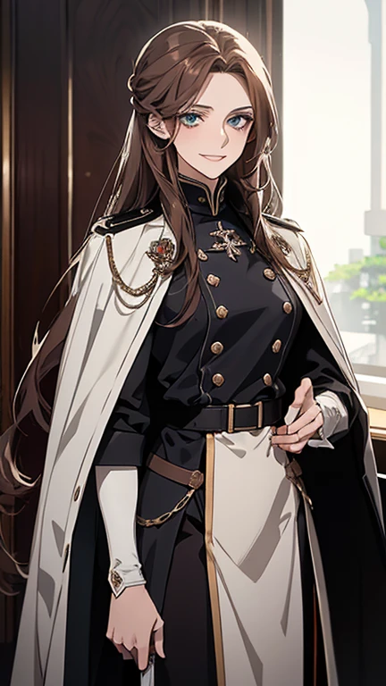 (Highest quality,High resolution,Very detailed),1 Girl, Beautiful and elegant light blue eyes, Brown Hair, Cold Smile,Straight long hair tied back, Wearing black military uniform, Mature Woman, Age 25,Cruel smile, Calm and Calm, Slim figure, Pale complexion, thin, Calm,conference room,Half Cloak