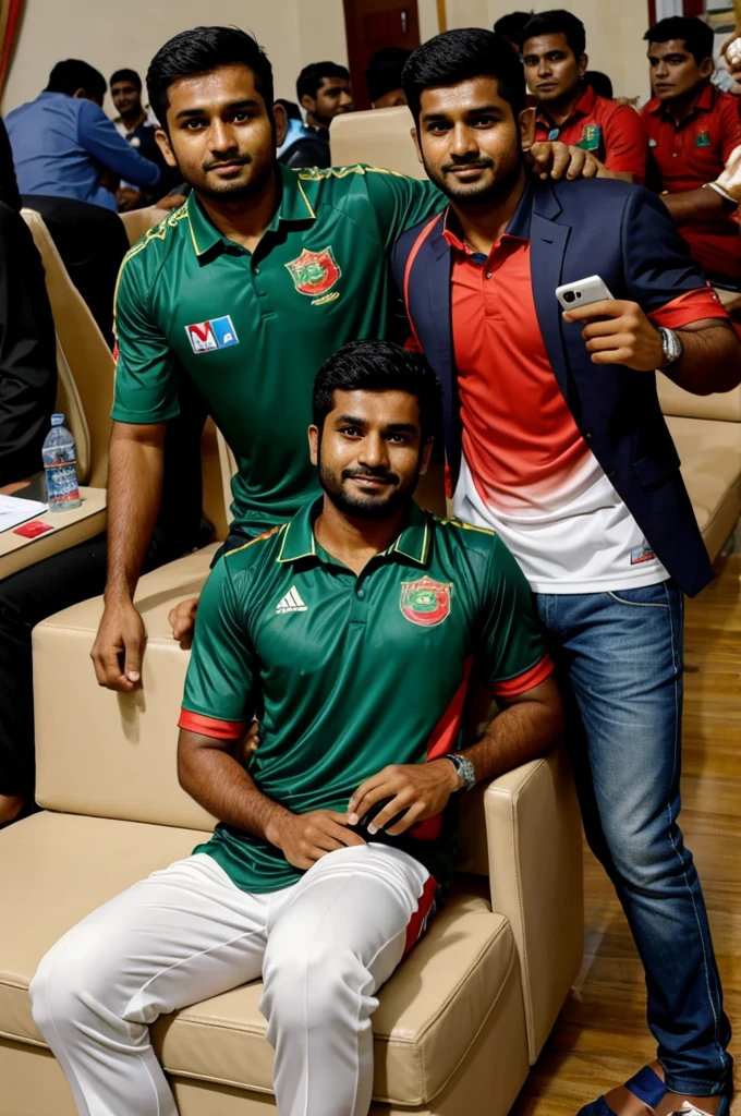 Bangladesh national team player "Rishad Hossain" standing with "Hasan" on his lap and taking photos with only cameras around.