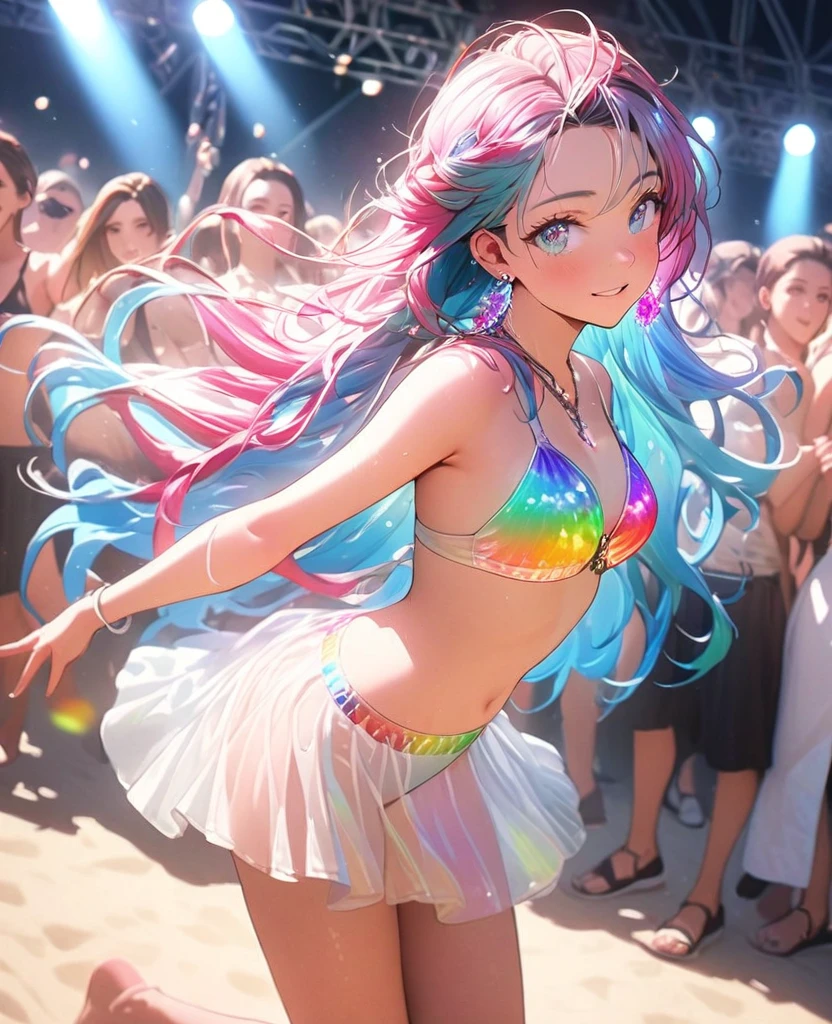 8K,gal，an extremely delicate and beautiful,Beautiful and realistic skin,Shiny jewel-like earrings,Long colorful hair,beautiful eyes,full body,head to toe,beautiful regs,beautiful colorful bikini
,summer　music festival,beautiful lighting,dance
