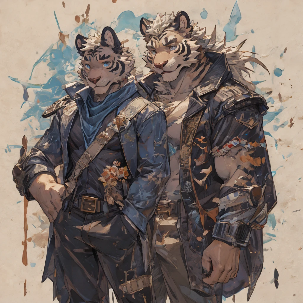 {{bara extremely handsome white tiger,}} {{white fur,}} white, wearing elegant ornate suit jacket, trousers, white dress shirt and necktie, white fluffy furry body and limbs, loafers, very tall, very broad shoulders, narrow waist, muscular arms, massive pecs, purple eyes, very long legs, massive bulge, sophisticated hot look, 3/4 view, best quality, high detail, CG image, character splash art, silver earring on left ear, sultry smirk