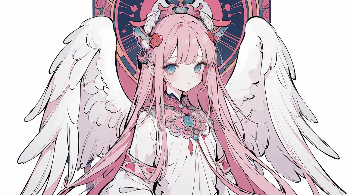 (Designed by nty:1.4),Upper body portrait of a girl, rich and colorful, rich and colorful, Yoshitaka Amano character design,Solitary,Angelic, symmetrical beautiful, Angel Wings, Gorgeous long dress, stand up, (((Solitary))), Color Matching，Clear facial features, Clean lines design, Magic Elements, Future Technology, ((tarot card background)), Standing figure, ((Flat Color)), (masterpiece，Top quality，best quality，Ultra-high resolution), ((Exquisite facial features，Clear facial features，beautiful eyes，Pretty Face)) ,(32K Wallpaper),