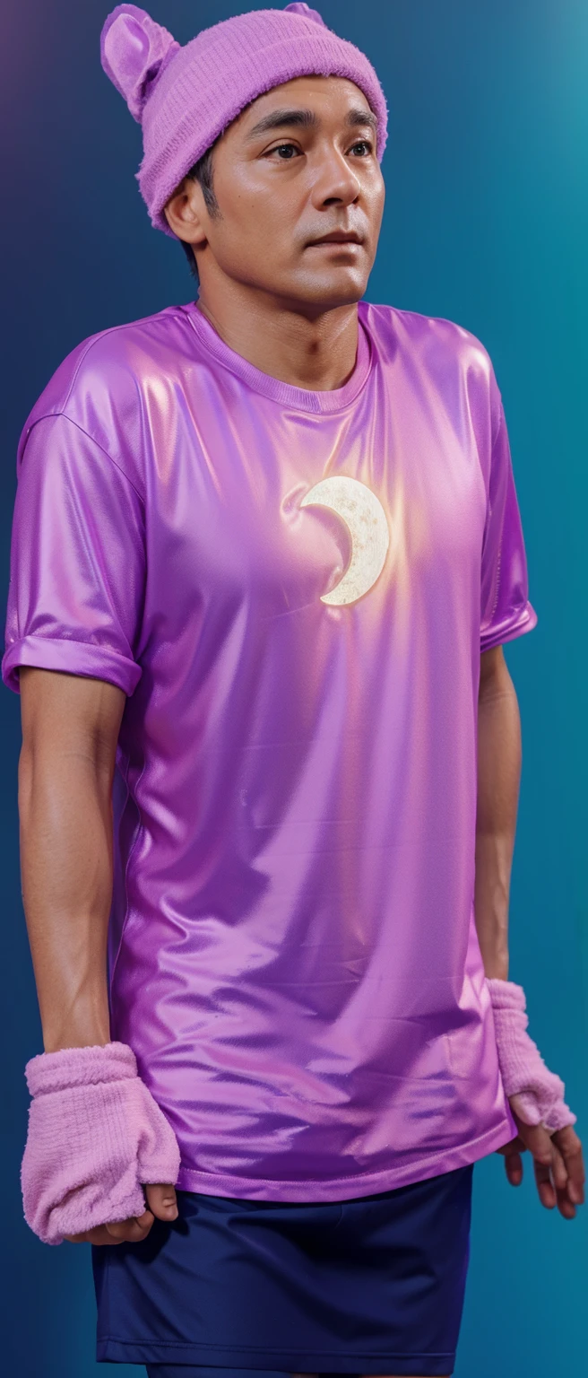 The image shows a man wearing a purple shirt with a yellow moon on it. The shirt is short sleeved and the man is standing against a blue wall, smooth 3d model, glossy plastic texture, multiple light sources, rim light, sharp post effects render, most beautiful vfx, , realistic, 4k, high resolution, rim light, smooth 3d model. , glossy texture, smooth 3d model, multiple light sources, rim light, sharp post effects render, (glossy plastic texture with multiple big light probe refractions), perfect cgi, reflective, best quality, 4k, masterpiece:1.2, ultra-detailed, realistic, vivid colors, The image of the highest quality, ensuring every detail showcased perfectly. It in 4k resolution, allowing viewers to immerse themselves in the richness of the colors and intricate details. The realistic rendering. under the spotlight, reflecting, high-resolution image, realistic rendering