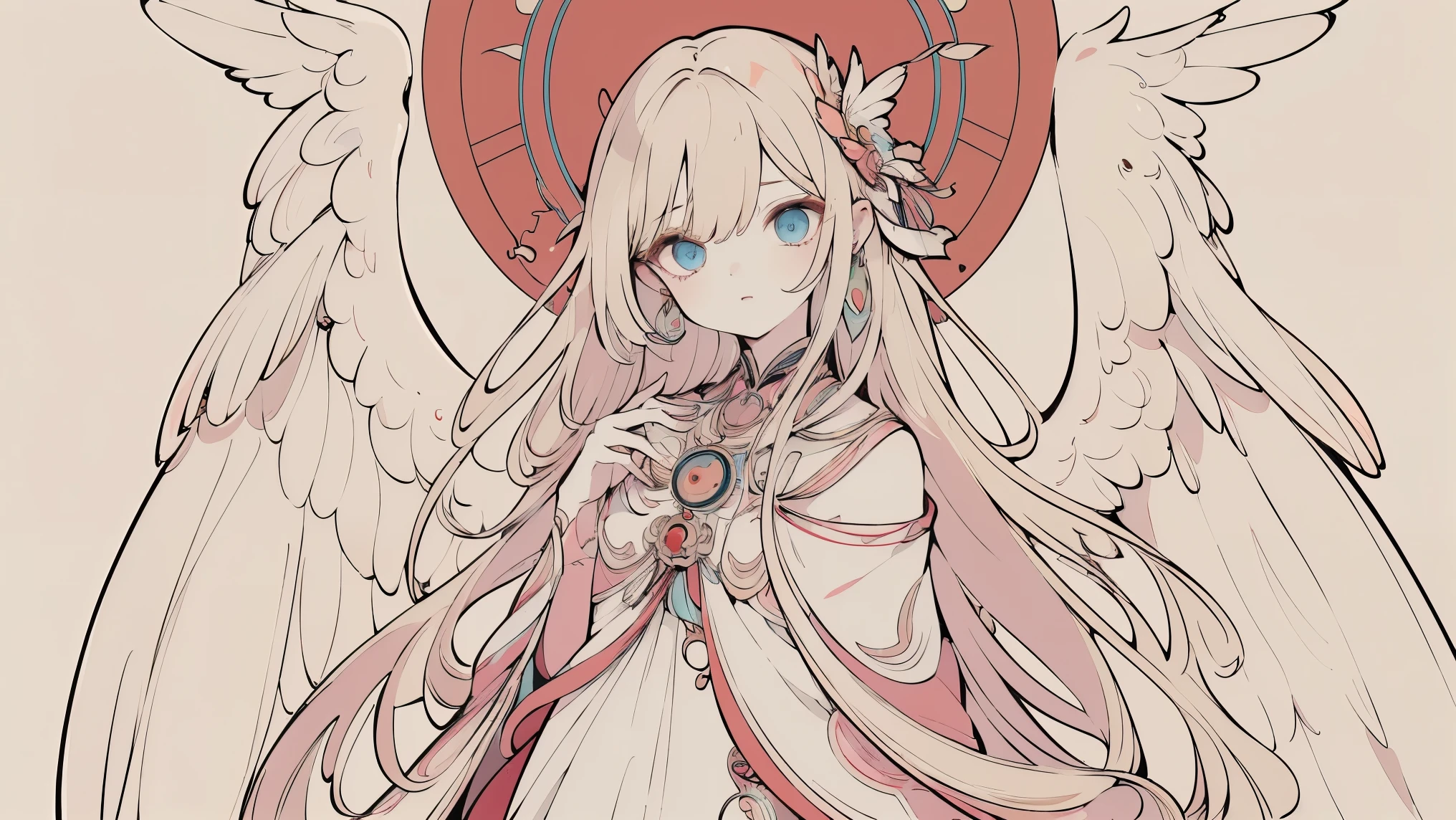 (Designed by nty:1.4),Upper body portrait of a girl, rich and colorful, rich and colorful, Yoshitaka Amano character design,Solitary,Angelic, symmetrical beautiful, Angel Wings, Gorgeous long dress, stand up, (((Solitary))), Color Matching，Clear facial features, Clean lines design, Magic Elements, Future Technology, ((tarot card background)), Standing figure, ((Flat Color)), (masterpiece，Top quality，best quality，Ultra-high resolution), ((Exquisite facial features，Clear facial features，beautiful eyes，Pretty Face)) ,(32K Wallpaper),