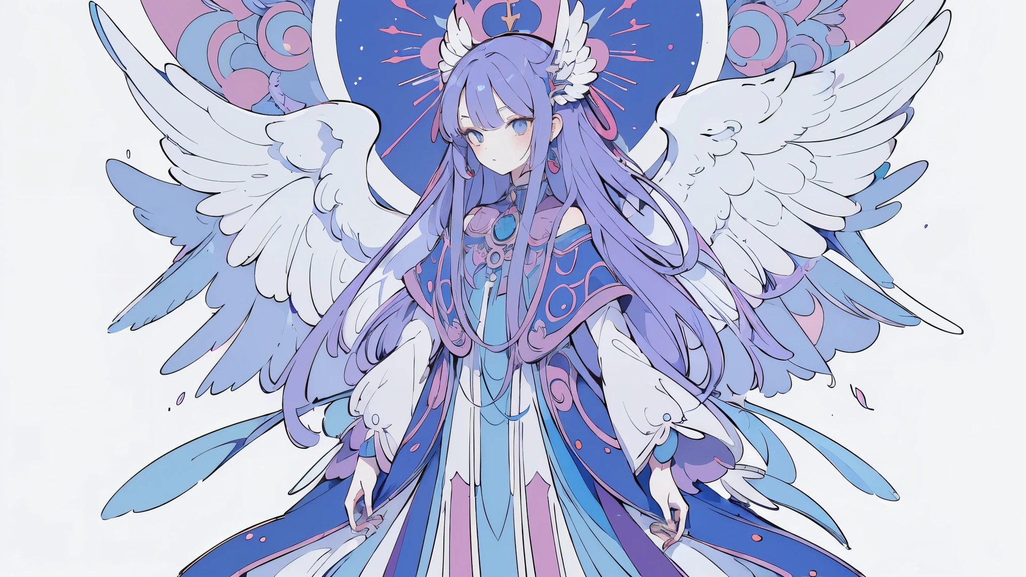 (Designed by nty:1.4),Upper body portrait of a girl,Bright blue purple, rich and colorful, Yoshitaka Amano character design,Solitary,Angelic, symmetrical beautiful, Angel Wings, Gorgeous long dress, stand up, (((Solitary))), Color Matching，Clear facial features, Clean lines design, Magic Elements, Future Technology, ((tarot card background)), Standing figure, ((Flat Color)), (masterpiece，Top quality，best quality，Ultra-high resolution), ((Exquisite facial features，Clear facial features，beautiful eyes，Pretty Face)) ,(32K Wallpaper),