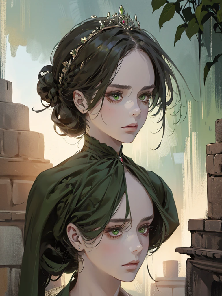 one, digital painting of a woman with her hair tied up in a bun, green eyes, young noblewoman from the 1800s , calm face, long face, looks down, dark red dress, ((neck-length dress)), decorations on the head around the hair portrait style, looking away, in a beautiful and green garden