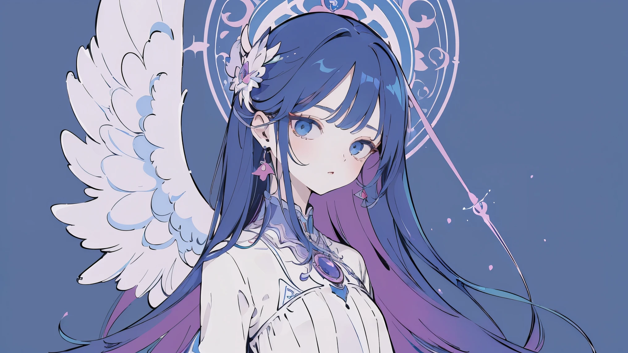 (Designed by nty:1.4),Upper body portrait of a girl,Bright blue purple, rich and colorful, Yoshitaka Amano character design,Solitary,Angelic, symmetrical beautiful, Angel Wings, Gorgeous long dress, stand up, (((Solitary))), Color Matching,Clear facial features, Clean lines design, Magic Elements, Future Technology, ((tarot card background)), Standing figure, ((Flat Color)), (masterpiece,Top quality,best quality,Ultra-high resolution), ((Exquisite facial features,Clear facial features,beautiful eyes,Pretty Face)) ,(32K Wallpaper),