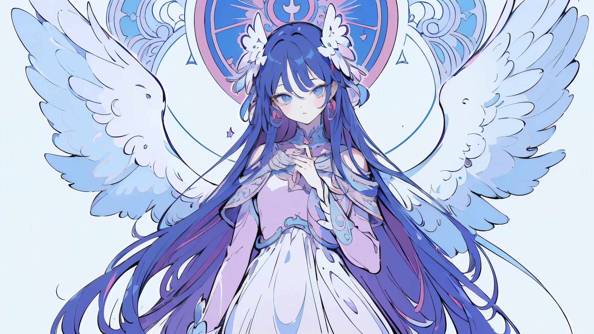 (Designed by nty:1.4),Upper body portrait of a girl,Bright blue purple, rich and colorful, Yoshitaka Amano character design,Solitary,Angelic, symmetrical beautiful, Angel Wings, Gorgeous long dress, stand up, (((Solitary))), Color Matching,Clear facial features, Clean lines design, Magic Elements, Future Technology, ((tarot card background)), Standing figure, ((Flat Color)), (masterpiece,Top quality,best quality,Ultra-high resolution), ((Exquisite facial features,Clear facial features,beautiful eyes,Pretty Face)) ,(32K Wallpaper),