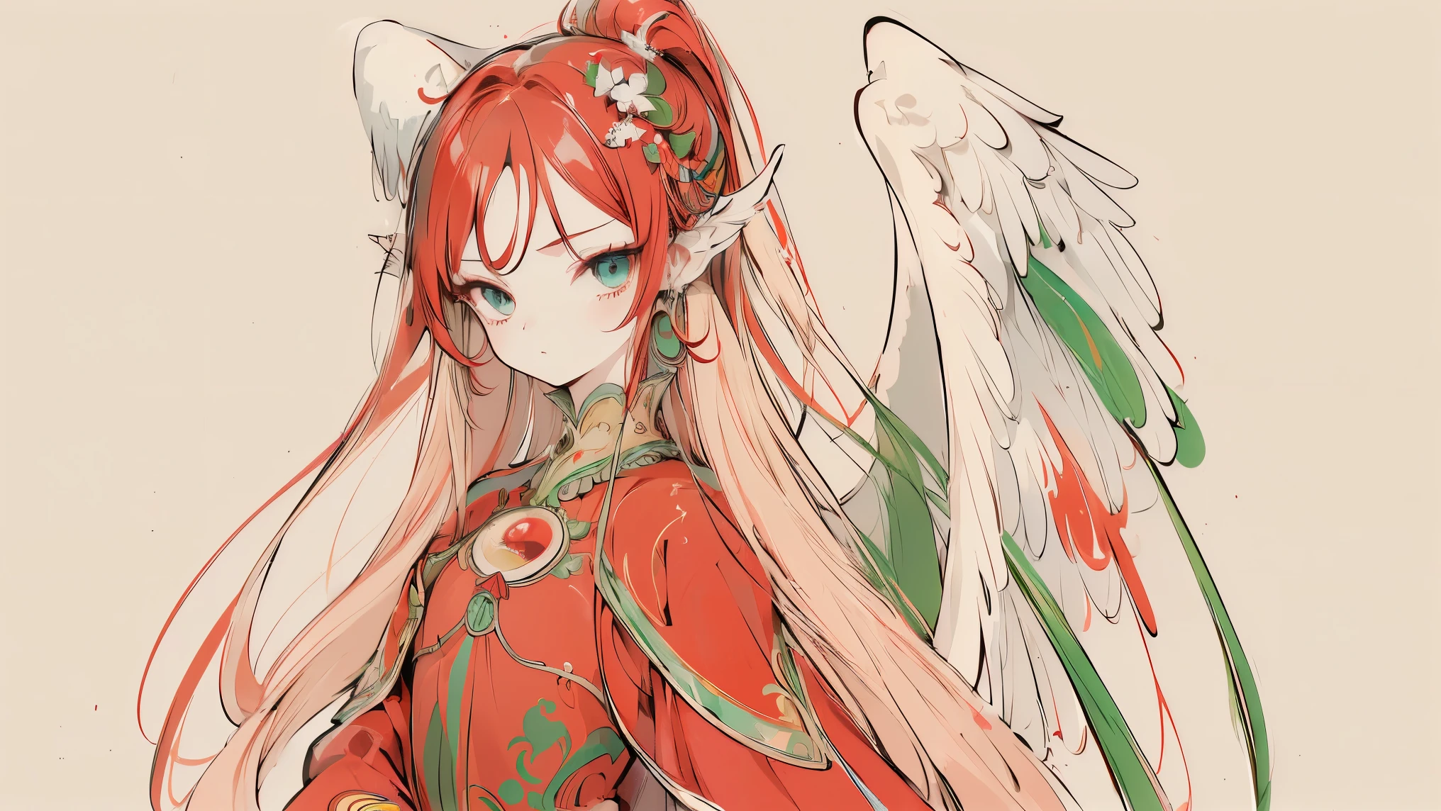 (Designed by nty:1.4),Upper body portrait of a girl, Red and green colorful, rich and colorful, Yoshitaka Amano character design,Solitary,Angelic, symmetrical beautiful, Angel Wings, Gorgeous long dress, stand up, (((Solitary))), Color Matching,Clear facial features, Clean lines design, Magic Elements, Future Technology, ((tarot card background)), Standing figure, ((Flat Color)), (masterpiece,Top quality,best quality,Ultra-high resolution), ((Exquisite facial features,Clear facial features,beautiful eyes,Pretty Face)) ,(32K Wallpaper),
