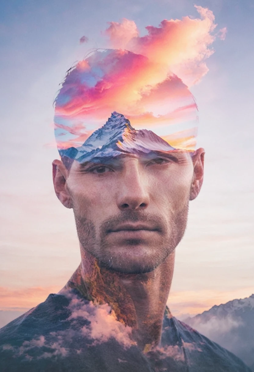 Double Exposure style of a man blended with a mountain and colorful clouds