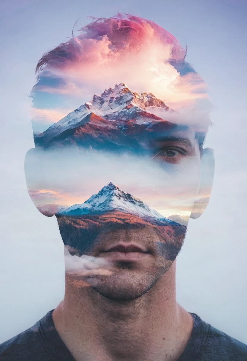 Double Exposure style of a man blended with a mountain and colorful clouds