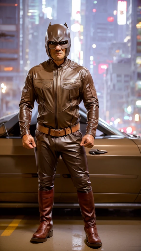Kluangman. Wear like street bike outfit. 50 year old big muscle.(( Wear boots leather brown)).