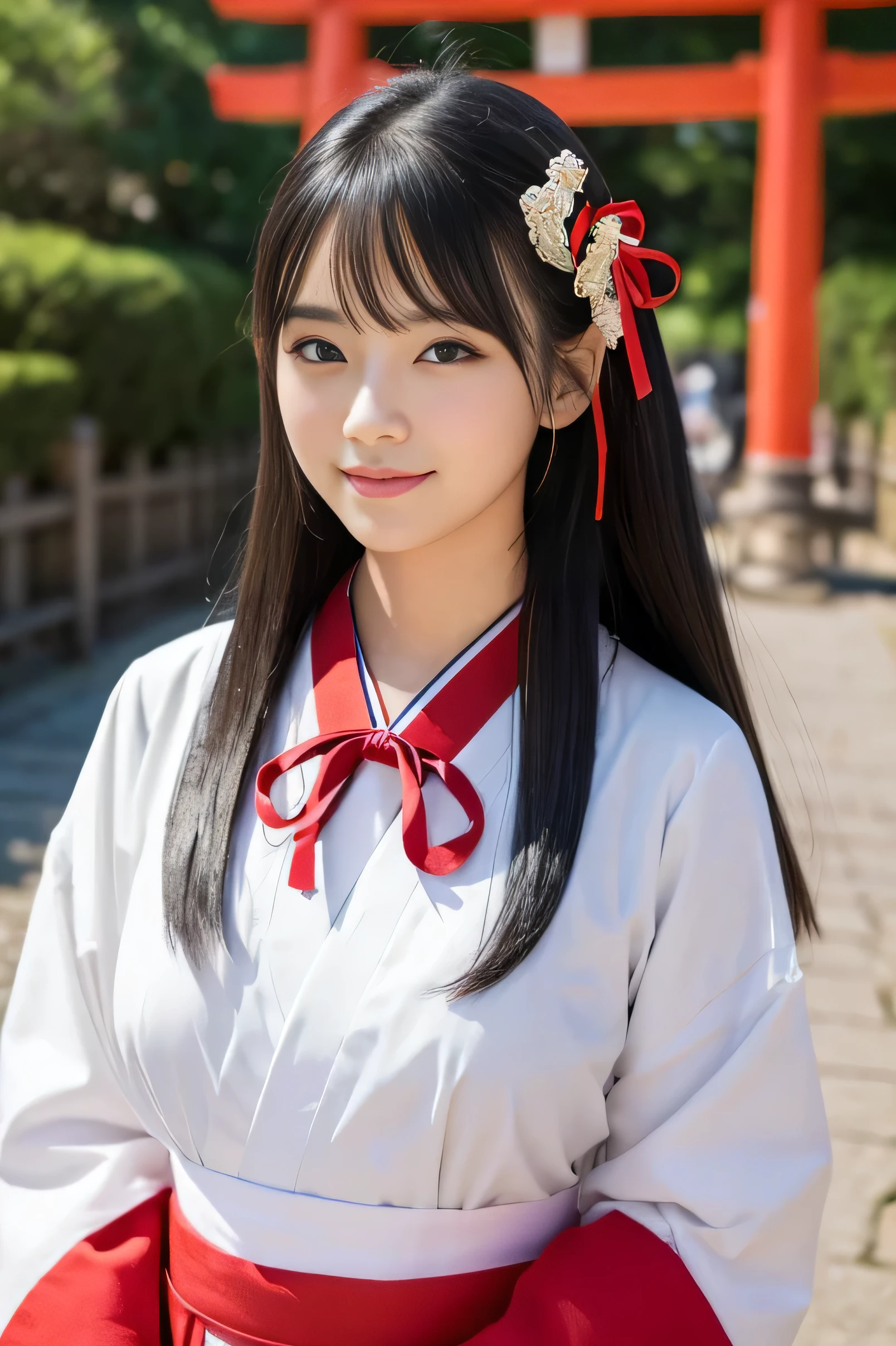 Draw a beautiful young woman. She has smooth black hair that reaches down to her shoulders.. Hair is half-up, Tie the top with a small ribbon. He has a kind expression and a warm smile.. Make your eyes and expressions cool. Dressed in traditional Japanese uniforms with red and white as the main colors. Small breasts. background、Must include a soft and blurry Japanese landscape with a torii gate, Visualize a scene in bright daylight.True Face
