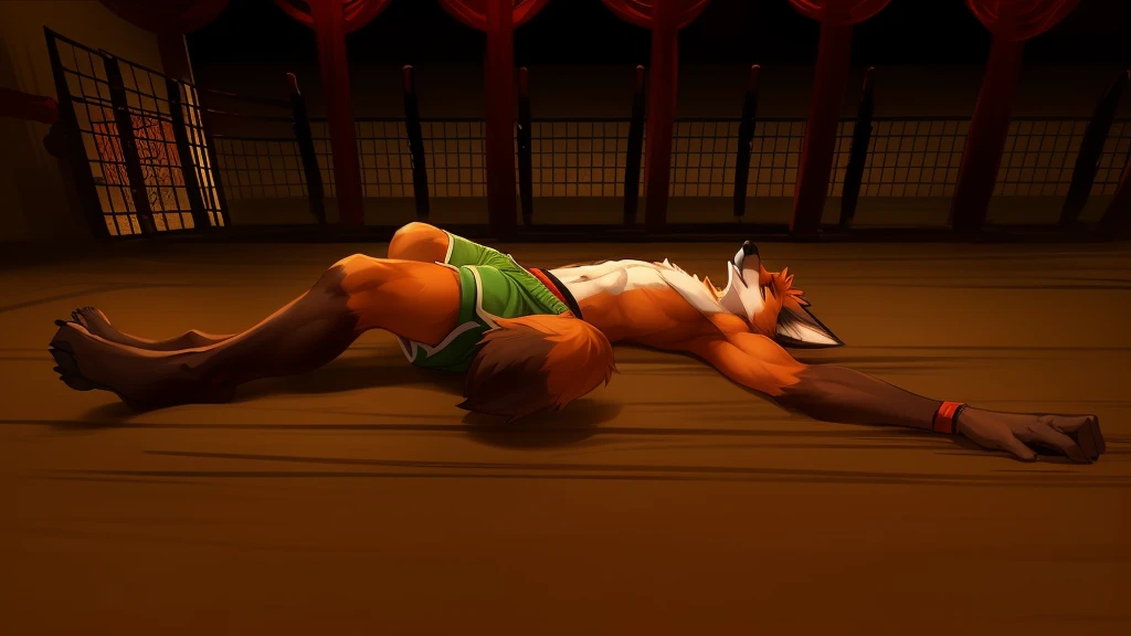 a detailed picture of a boxing match (one male anthros), slim body, slim features, in a boxing ring, Ross Tran, ruan jia, trending on artstation, foxovh, ((terrier fox, tail, reddish-brown fur, green shorts, knocked out on the floor)), from side