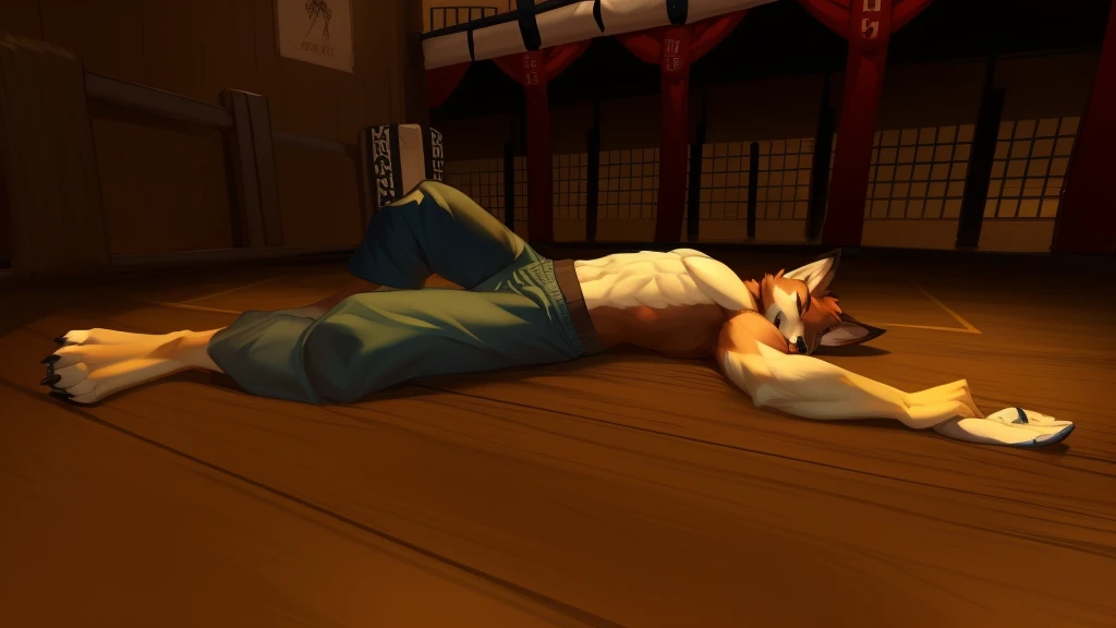 a detailed picture of a boxing match (one male anthros), slim body, slim features, in a boxing ring, Ross Tran, ruan jia, trending on artstation, foxovh, ((terrier wolf, reddish-brown fur, green shorts, knocked out on the floor)), from side