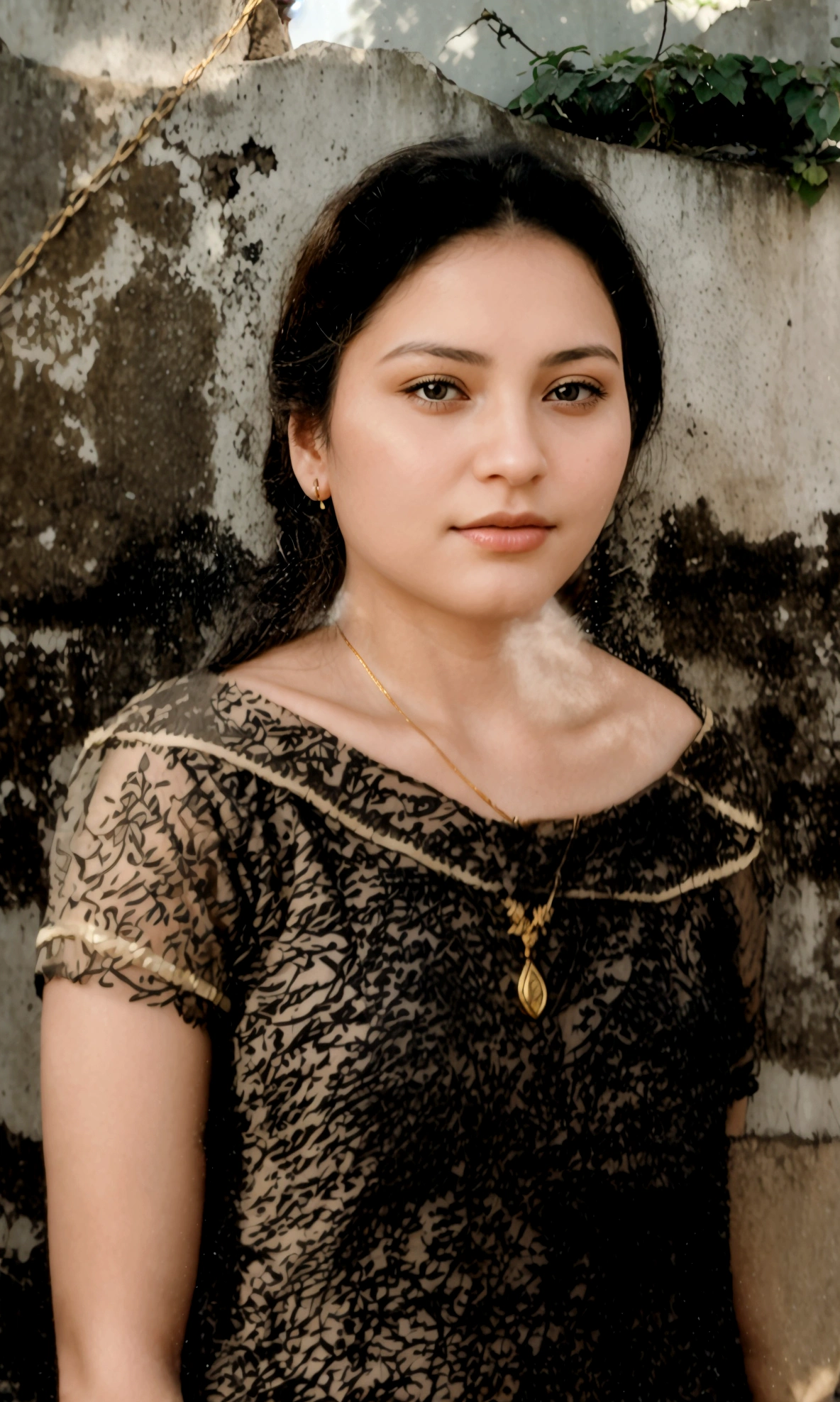 there is a woman that is standing in front of a wall, photo of a woman, restored photo, wearing pendant gold