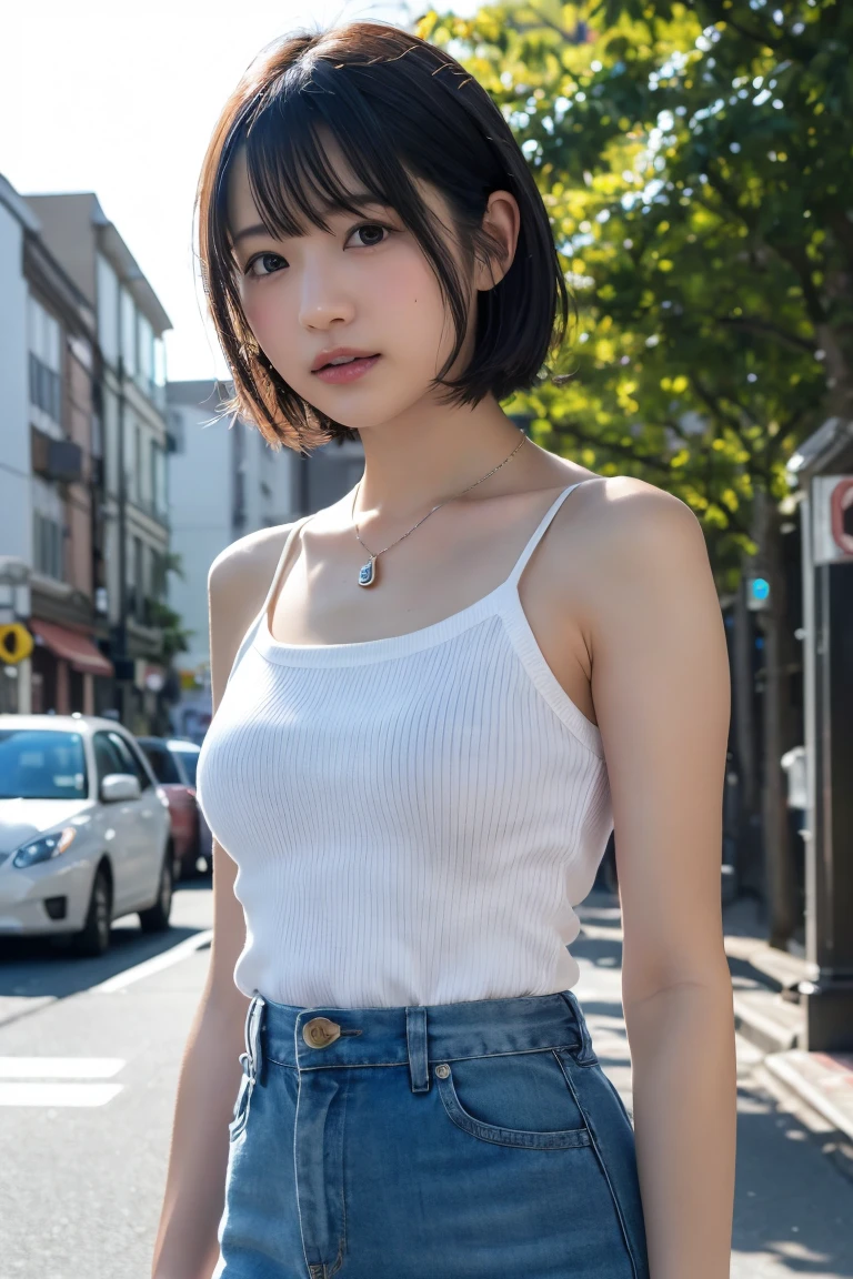 ((8K:1.27)、Highest quality、masterpiece、Ultra-high resolution:1.2)Beautiful Japanese Women Photos(fun:1.1) grayス、There are good ones、Gradient lighting、One Girl、Delicate skin、Look at this、Brown eyes、(Short hair with bangs:1.2)、(middle breast wheel:0.8)、(Realistic:1.4)、(Highest quality:1.0)、(Ultra-high resolution:1.0)、8K、Original photo、(masterpiece:0.2)、(Pure love face_v1:0.5)、 結び目のあるショルダーPlaidのドレス、Spaghetti Straps、Spaghetti Straps、Plaid、Super mini length、Multicolor、gray、No sleeve、Round neck、What can I do for you?、Staring at this、Omotesando in the morning、street tree、Stylish city views、theme、Tilt、Look at this、lol、Futomo、Slightly thicker、Big Ass、necklace、SLR、Morning light、The morning sun is dazzling、