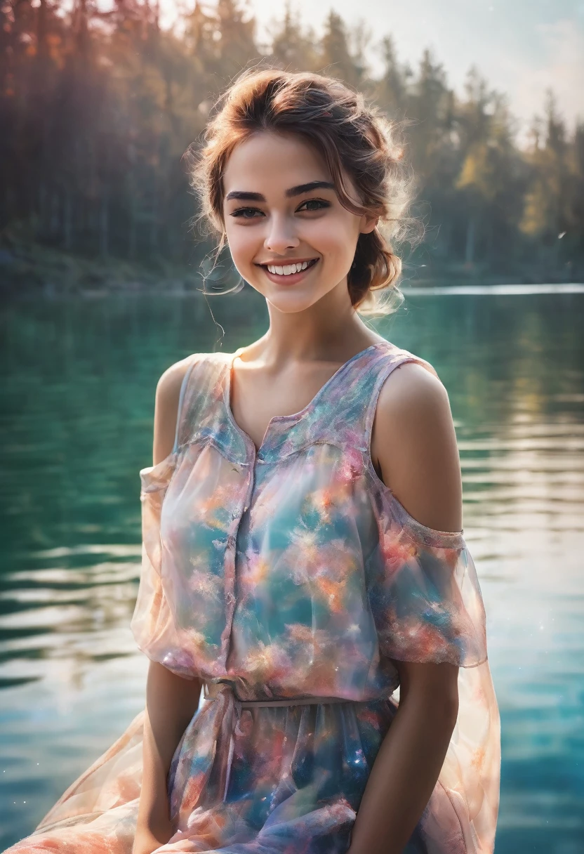 Amazingly realistic smiling girl images, Her clothes blend into the dreamy lakeside background, Enhanced further with mesmerizing multiple exposure effects.