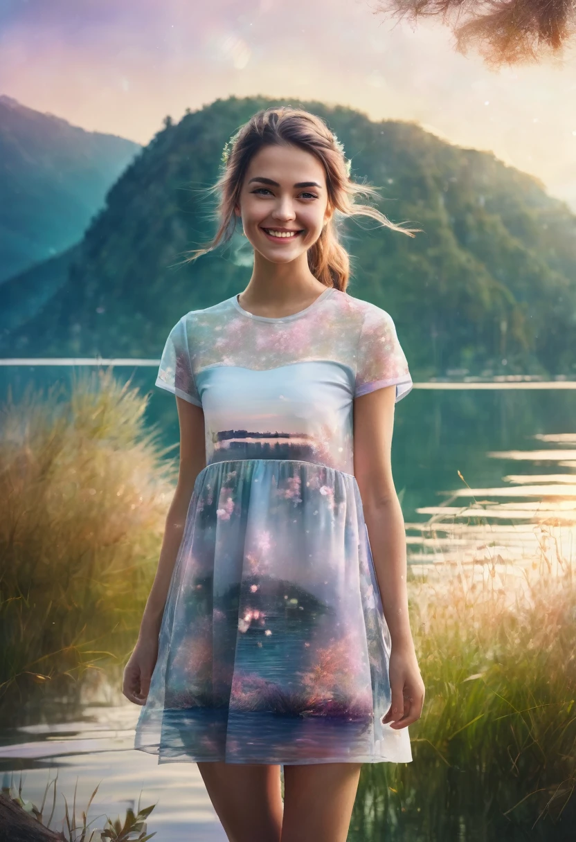 Amazingly realistic smiling girl images, Her clothes blend into the dreamy lakeside background, Enhanced further with mesmerizing multiple exposure effects.