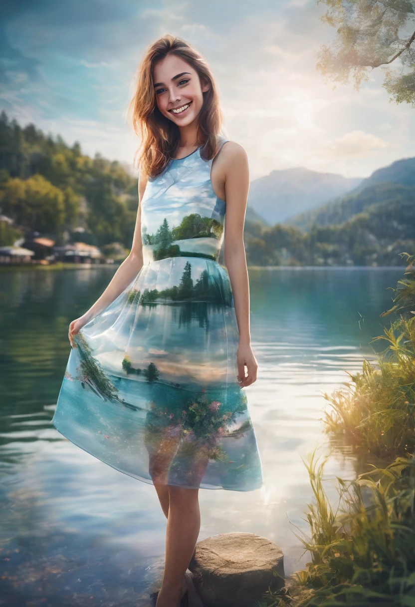 Amazingly realistic smiling girl images, Her clothes blend into the dreamy lakeside background, Enhanced further with mesmerizing multiple exposure effects.