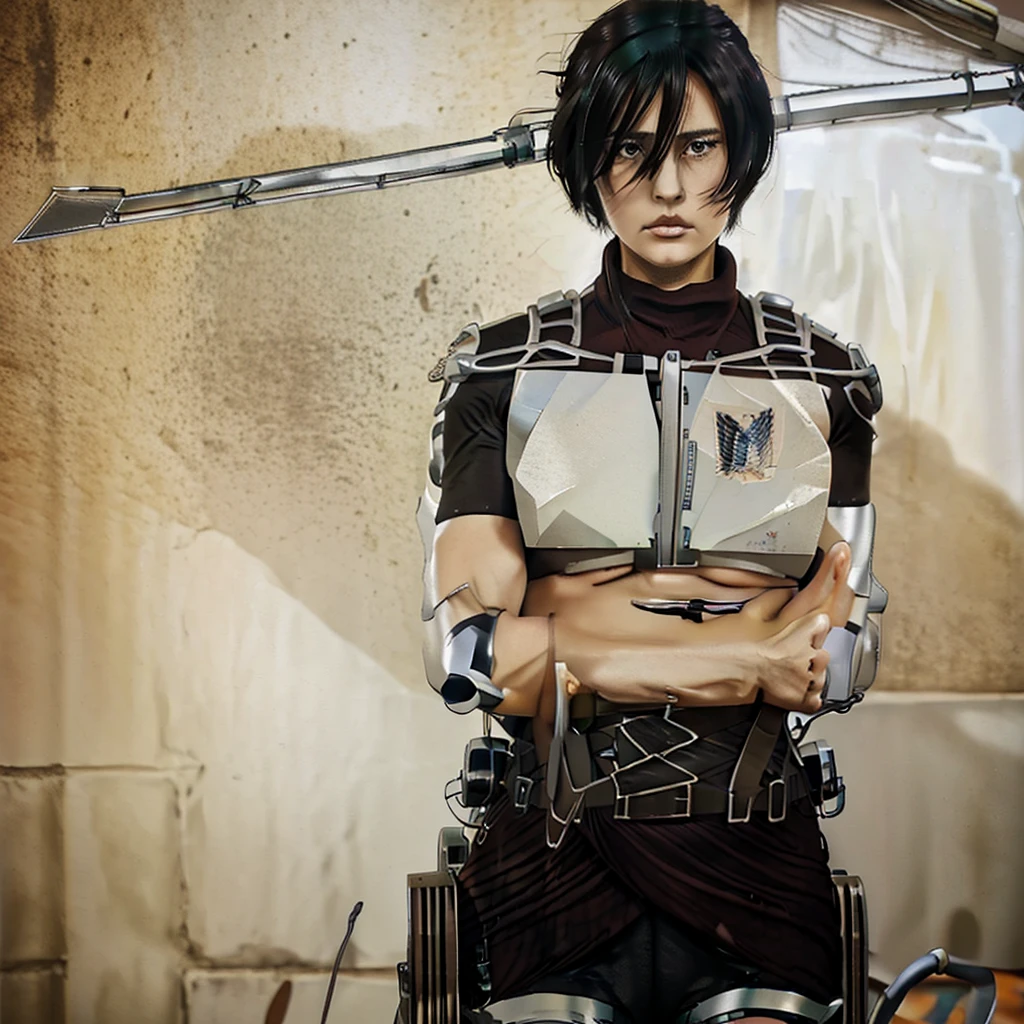 Make a girl tall 6'2,Hair black mix Brown,Eyes color Havel, Skin pale, Survey Corps shirt and pants season 4,Odm gear modern anime grab sword, and eyes bags ,Wall maria background 
,Tits big normal, Survey Corps shirt and pants and 6'2 height,Women edwiran old younger 