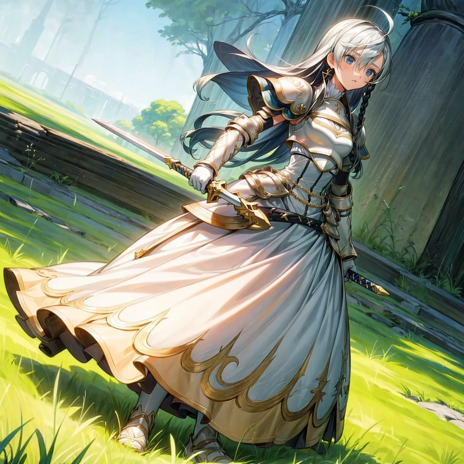 1girl, Full body version, 1character, children version, blue eyes color, long haircut, white and yellow colour hair, formal style clothing, medieval armour, one sword in hand, Grassroots, background in green field, motion blur, (Hunter x Hunter style)