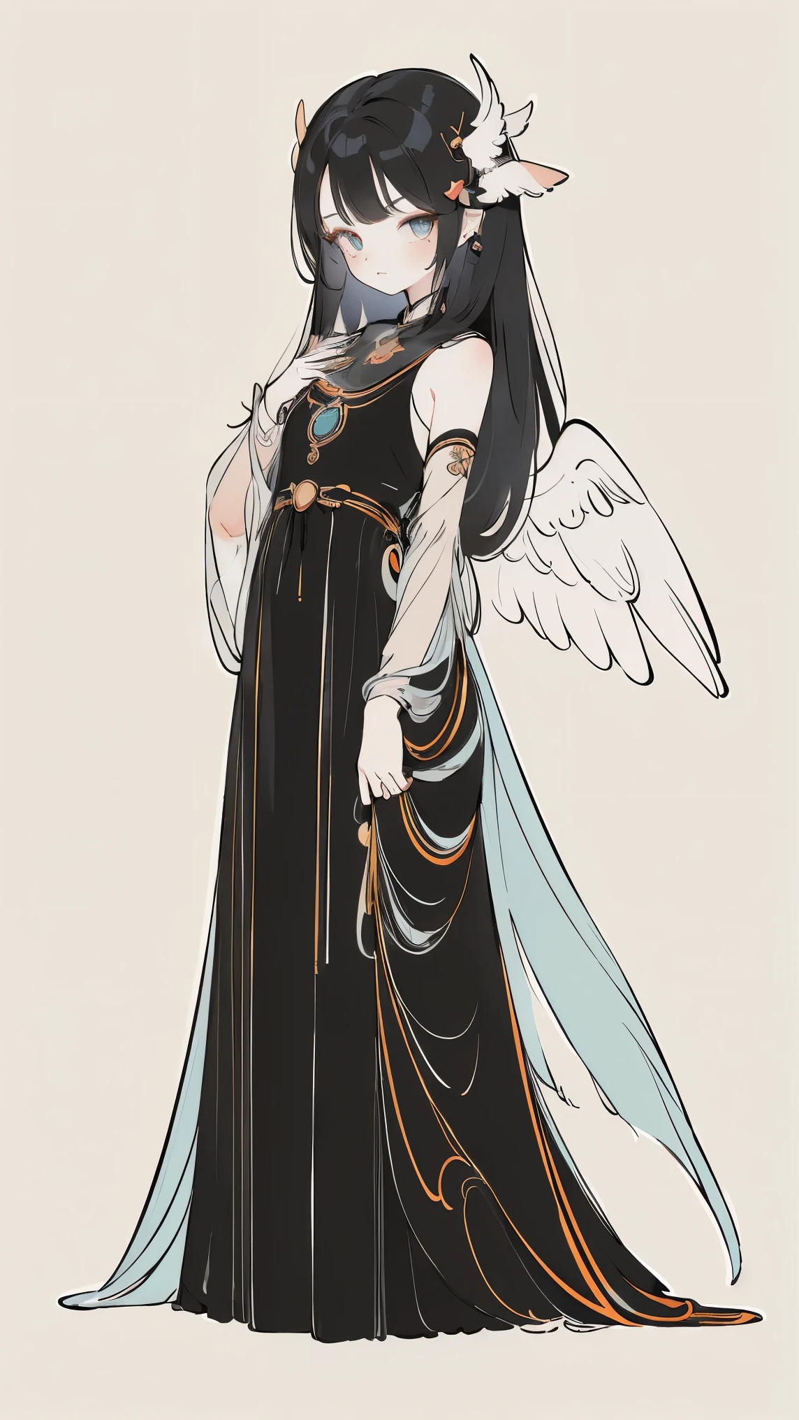 (Designed by nty:1.4),Upper body portrait of a girl,Black bright color, rich and colorful, Yoshitaka Amano character design,Solitary,Angelic, symmetrical beautiful, Angel Wings, Gorgeous long dress, stand up, (((Solitary))), Color Matching,Clear facial features, Clean lines design, Magic Elements, Future Technology, ((tarot card background)), Standing figure, ((Flat Color)), (masterpiece,Top quality,best quality,Ultra-high resolution), ((Exquisite facial features,Clear facial features,beautiful eyes,Pretty Face)) ,(32K Wallpaper),