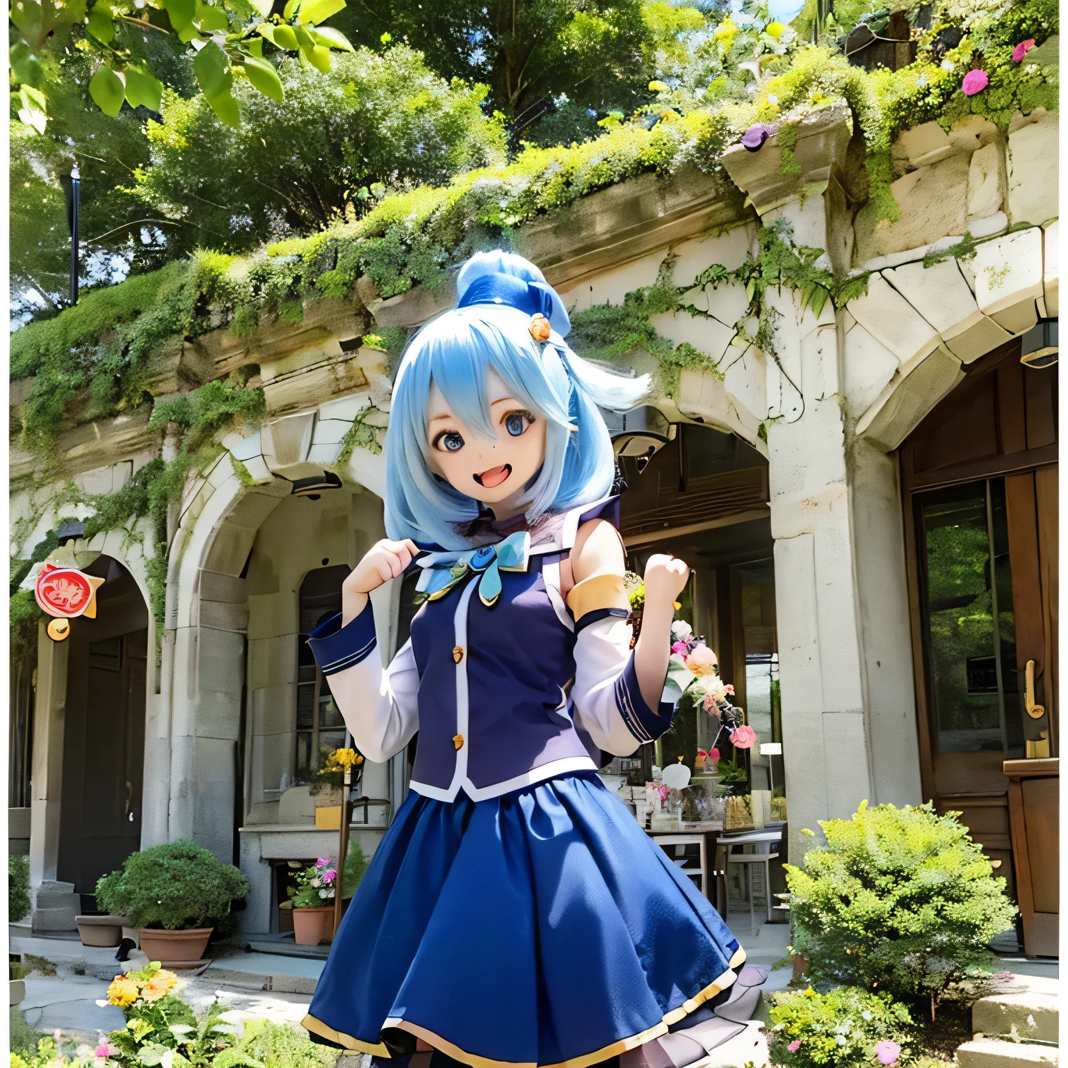 (a young girl and) Blue Hair, (wear) a white and blue dress, (Holding) staff, (standing) wealthy, Vibrant Garden, (and) Farbeandりどりの花 (flowering) Around her, (Down) Clear blue sky.(((((punch)))))
(Portraiture) girl&#39;s, (Realistic) rendering, (and) (Very detailed) Features, (Inclusive) Sparkling Blue Eyes, (薔薇Farbeの) lips, and (length) eyelash.
(Highest quality, 4K, High resolution) image, (and) (vivid) Farbe, (Emphasis expressed) girl&#39;s and lively appearance.
(the garden is filled and) sunlight, (end) a warm and inviting atmosphere, (and) kid (Light of the sun) Light up the scene.villain pose
have a magic wand (((open your mouth and laugh)))