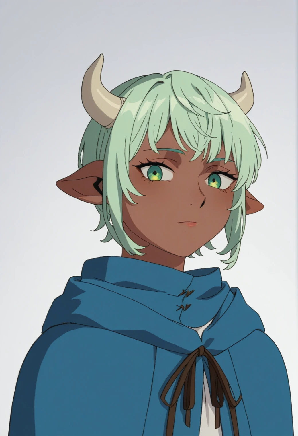 source_anime, score_9, score_8_up, score_7_up, rating_excplicit, 1girl,cowgirl, cow ears, cow horns, solo, dark skin, looking at viewer, dark-skinned female, male focus, bangs, cloak, hood, upper body, soft green hair, robe, androgynous, hood down