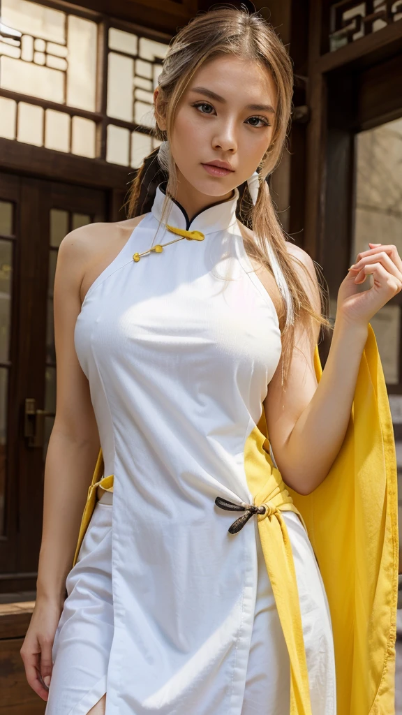 a perfect (((white))) girl, assassin, yellow Chinese clothes, close-up, half-body