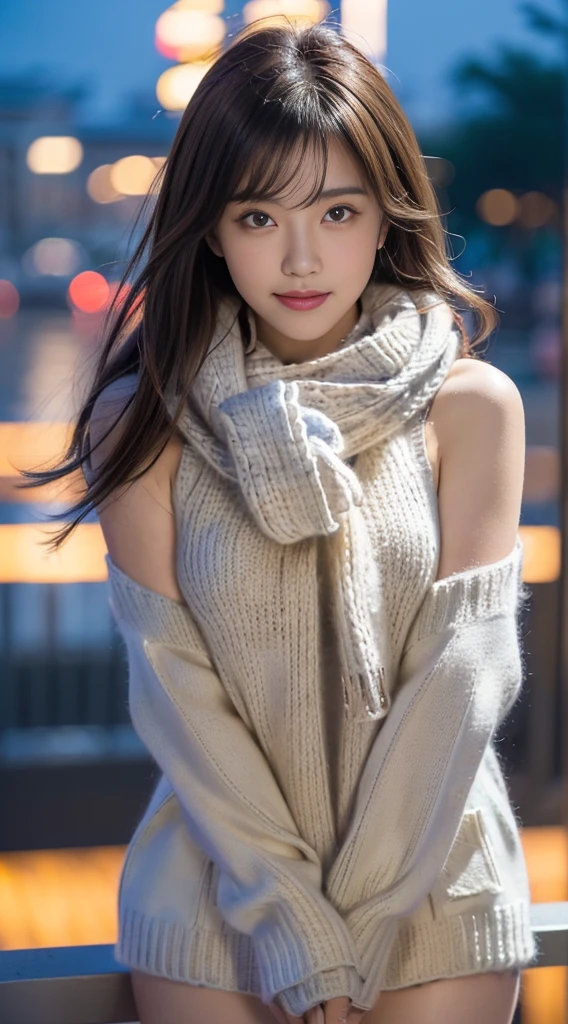 1 japanese girl,(Sweaters:1.4),(She wore a knitted scarf around her neck covering her chin:1.5), (RAW photogr, Best quality at best), (current, Reality:1.4),(Focus on thighs and above),Dynamic posture,Superskirt, Extremely Delicately Beautiful, The content is very detailed, 8K wall, Extremely detailed CG unification, A high resolution, gentlesoftlighting, Beautiful detailed 25 year old, Extremely detailed eyes and face, beautiful detailed nose, beautidful eyes,Movie Lighting,city light at night,perfect anatomia,long slim figure,Smiling (hair messy, asymmetricalbangs, Light brown hair,)