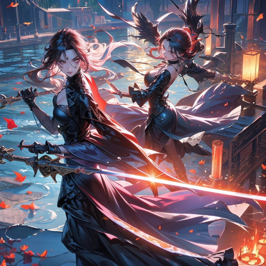 dark angel dancing on the lake, flowers and sword, splashed water, dimaond, smoke, lolita long dress, rage, bloody, 8k, hd, unreal engine, dreamy, romantic