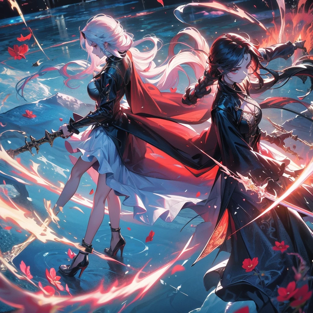 dark angel dancing on the lake, flowers and sword, splashed water, dimaond, smoke, lolita long dress, rage, bloody, 8k, hd, unreal engine, dreamy, romantic
