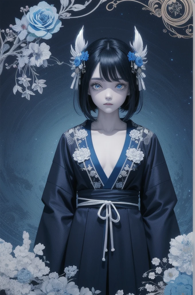 parameters(official art,unity 8k wallpaper,ultra detailed,High quality,best quality:0.9),(zentangle,mandala,tangle,entangle:0.6),,full body,flat color,limited palette,low contrast,(1girl:1.5),solo,(lycoris flower),(horor),(gloomy),(blue pigment:1.33),(hollow eyes:1),(expressionless eyes:1.3),cowboy shot,demon girl,PIXIV,devil,evil spirits,(Highest Quality, Amazing Details:1.25),(bright pupils),blue black,White Rose,Japan Women's Kimono,Orb