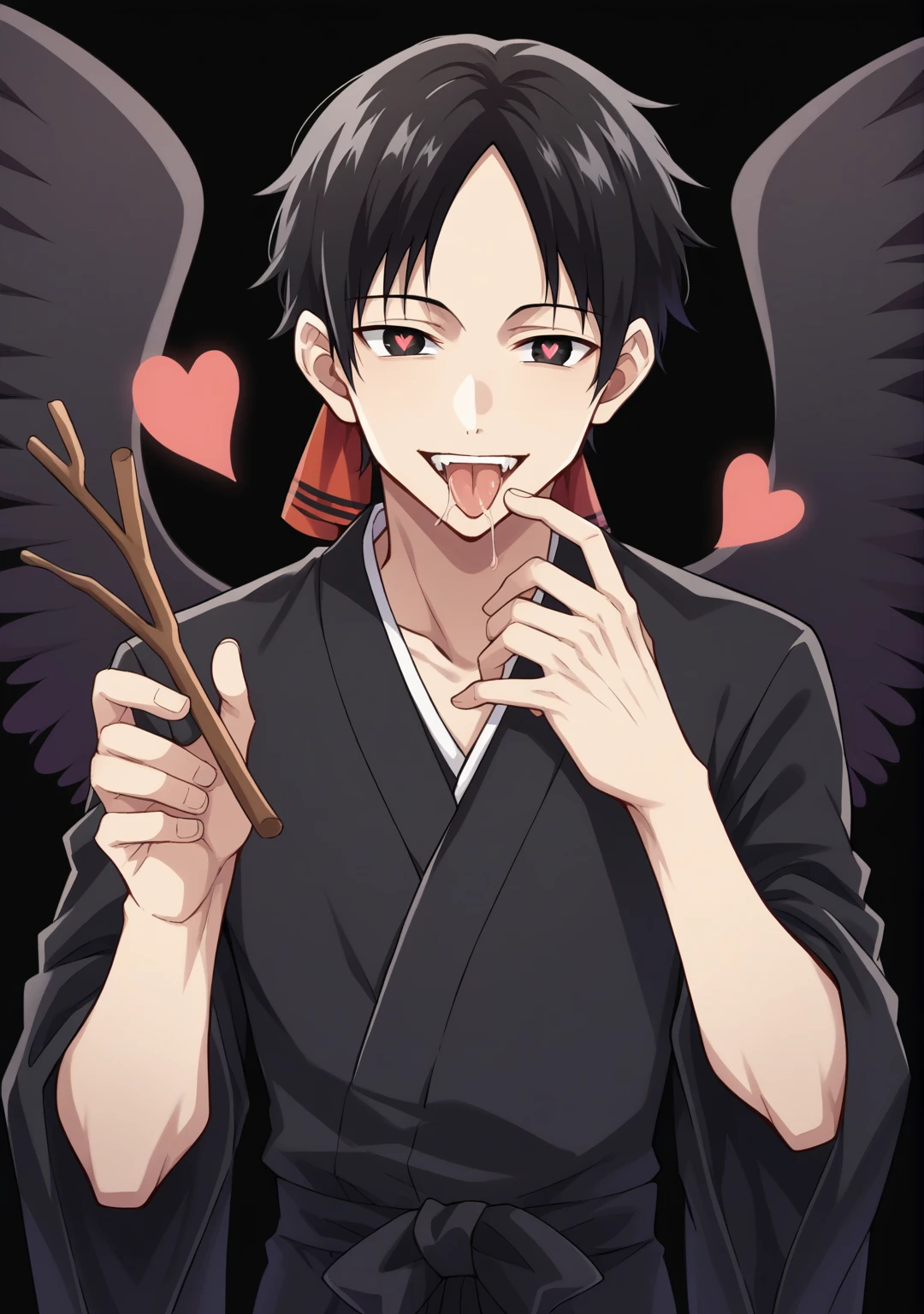 score_9, score_6_climb, source_anime, 1 man, alone, climbper body, Shinomiya Kaguya, conjunctivitis, black hair, black dress, Put your hand on your chin., Heart-shaped eyes, no pclimbils, smile softly, tooth, tsurime, black background , stick out your tongue, sexy, saliva, flirt, It has black wings., Hakama style kimono,Thondakar