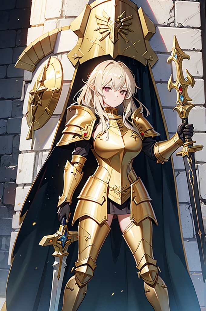 Woman in armor, standing with glaive, girl in armor, gorgeous female paladin, alluring elf princess knight, from line 2, Dressed in heavy armor, female paladin, picture of female paladin, female paladin в стиле фэнтези, extremely detailed art germ, female knight, of a beautiful female knight, beautiful female knight, Arafed statue of a knight with sword and shield, golden paladin armor, Warhammer Emperium Style, Ares in heavy armor and sword, Adeptus Custodes Centurion, heavy gold armor, Heavy golden armor, golden paladin, Fantasy art of Warhammer, War Hammer, Epic Paladin Armor, warhammer 4 0k fantasy, golden heavy armor. Dramatic