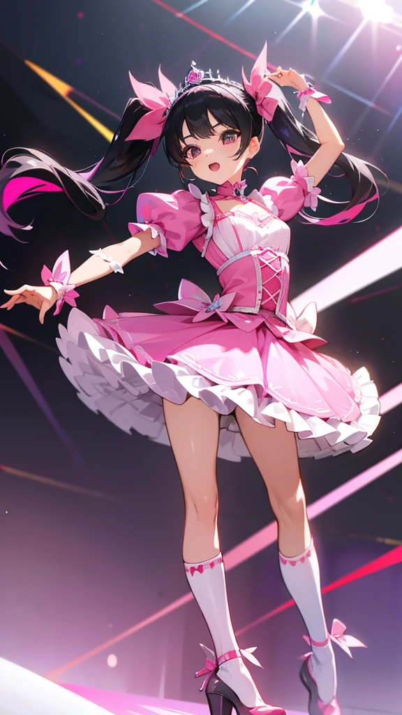 Highest quality、high quality、Idol、Baby Face、Black Hair、Twin tails、Silver tiara、pink lolita costume、dance、Live Stage