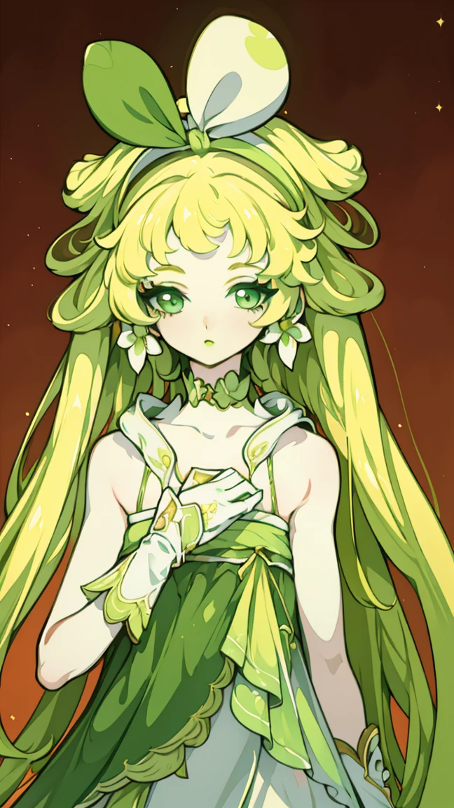 Painted on the chest, Honey, (1 girl), ((Solitary)), ((solitary)), charming, White skin, By Bangs, Blonde short hair, Green Eyes, Hair accessories, Very long hair, flowering, Shine beautiful light, Flowing hair, Green headband,Gloves，Eyeshadow, (Red lips), (Lace dress), masterpiece, high quality，((whole body))