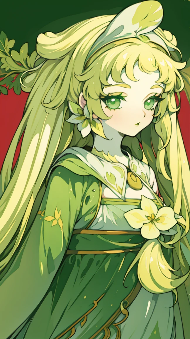 Painted on the chest, Honey, (1 girl), ((Solitary)), ((solitary)), charming, White skin, By Bangs, Blonde short hair, Green Eyes, Hair accessories, Very long hair, flowering, Shine beautiful light, Flowing hair, Green headband,Gloves，Eyeshadow, (Red lips), (Lace dress), masterpiece, high quality，((whole body))