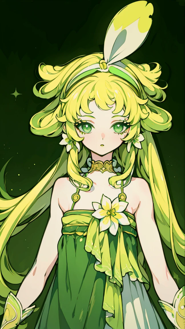 Painted on the chest, Honey, (1 girl), ((Solitary)), ((solitary)), charming, White skin, By Bangs, Blonde short hair, Green Eyes, Hair accessories, Very long hair, flowering, Shine beautiful light, Flowing hair, Green headband,Gloves，Eyeshadow, (Red lips), (Lace dress), masterpiece, high quality，((whole body))