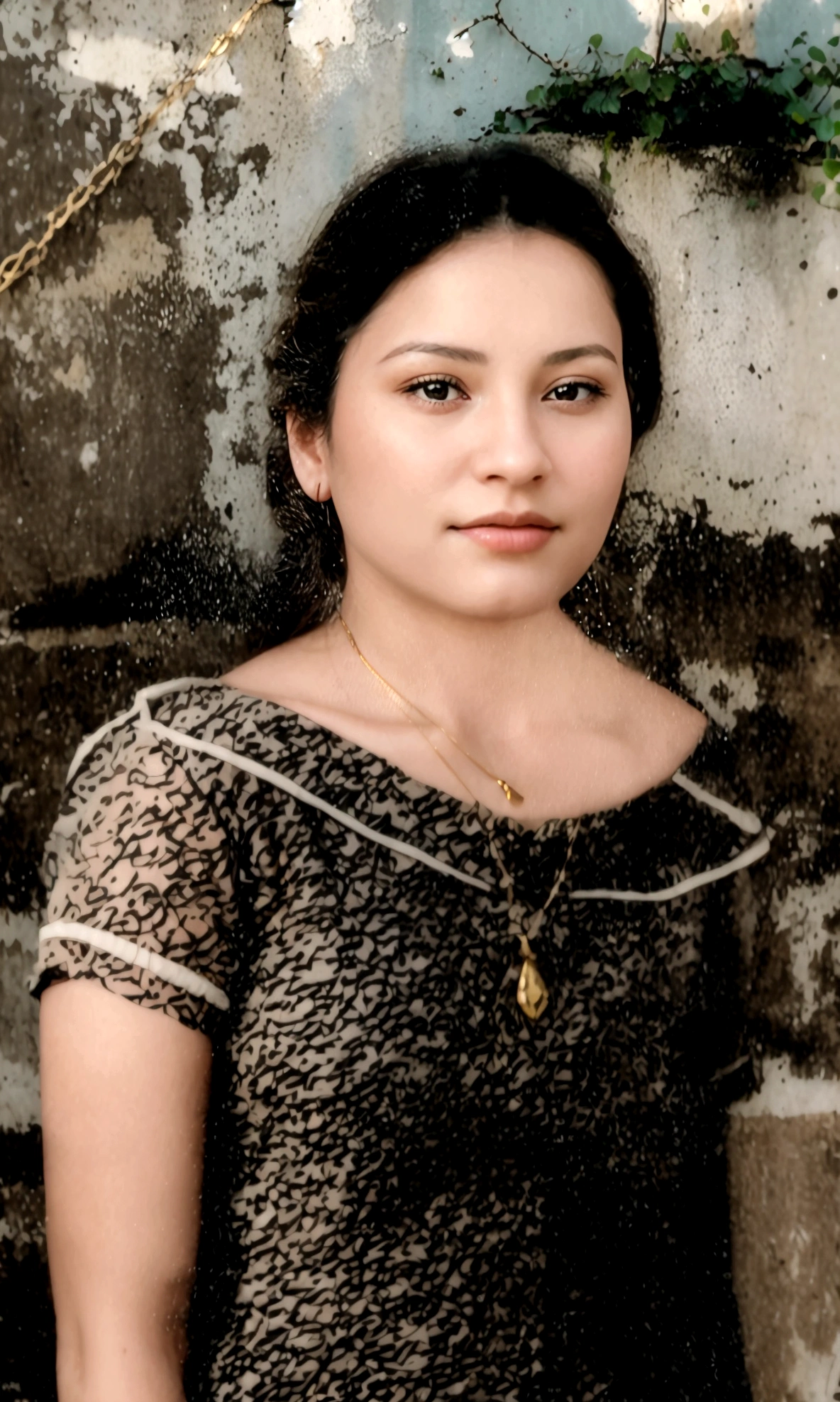 there is a woman that is standing in front of a wall, photo of a woman, restored photo, wearing pendant gold