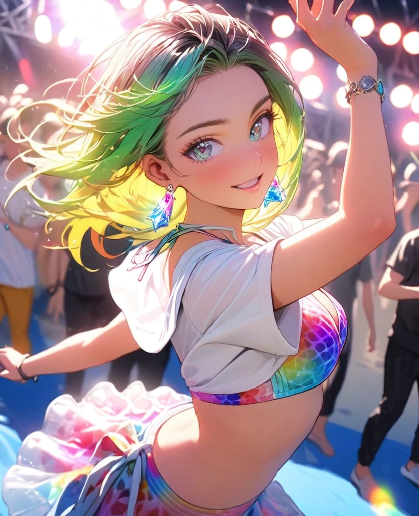 8K,gal，an extremely delicate and beautiful,Beautiful and realistic skin,Shiny jewel-like earrings,Long colorful hair,beautiful eyes,full body,head to toe,beautiful regs,beautiful colorful bikini,t-shirt,
,summer　music festival,beautiful lighting,dance
