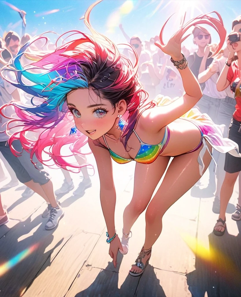 8K,gal，an extremely delicate and beautiful,Beautiful and realistic skin,Shiny jewel-like earrings,Long colorful hair,beautiful eyes,full body,head to toe,beautiful regs,beautiful colorful bikini,t-shirt,
,summer　music festival,beautiful lighting,dance
