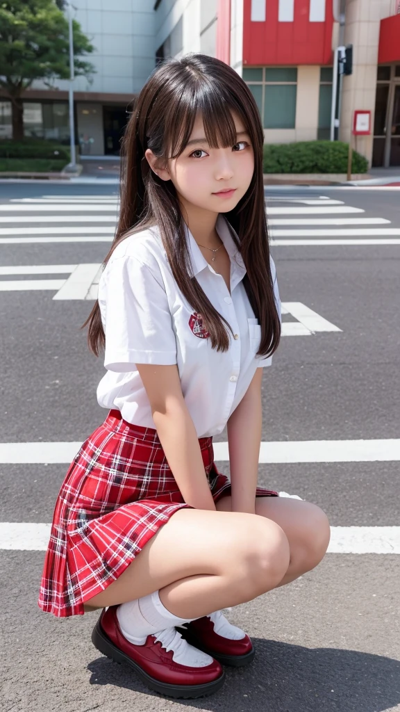 Japanese 18 year old high school girl、White shirt、Red checkered mini skirt、Crouching
