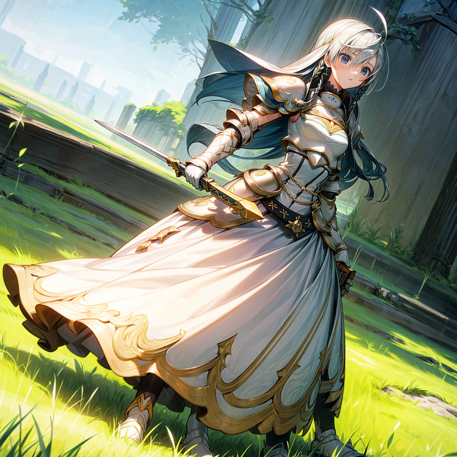 1girl, Full body version, 1character, children version, blue eyes color, long haircut, white and yellow colour hair, formal style clothing, medieval armour, one sword in hand, Grassroots, background in green field, motion blur, (Hunter x Hunter style)