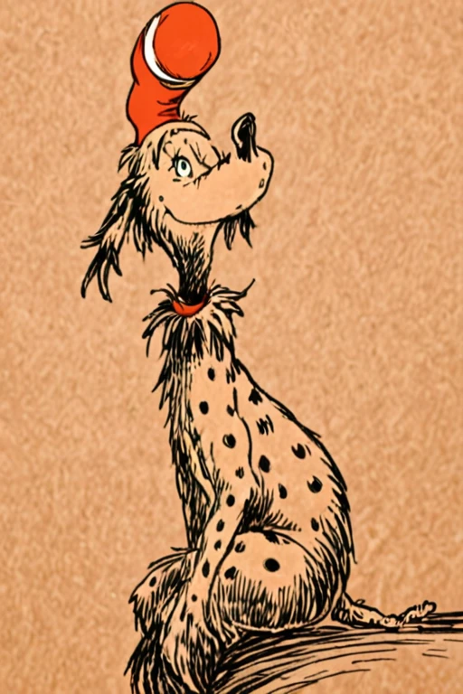Sitting dog ink drawn in 1940s Dr Seuss style