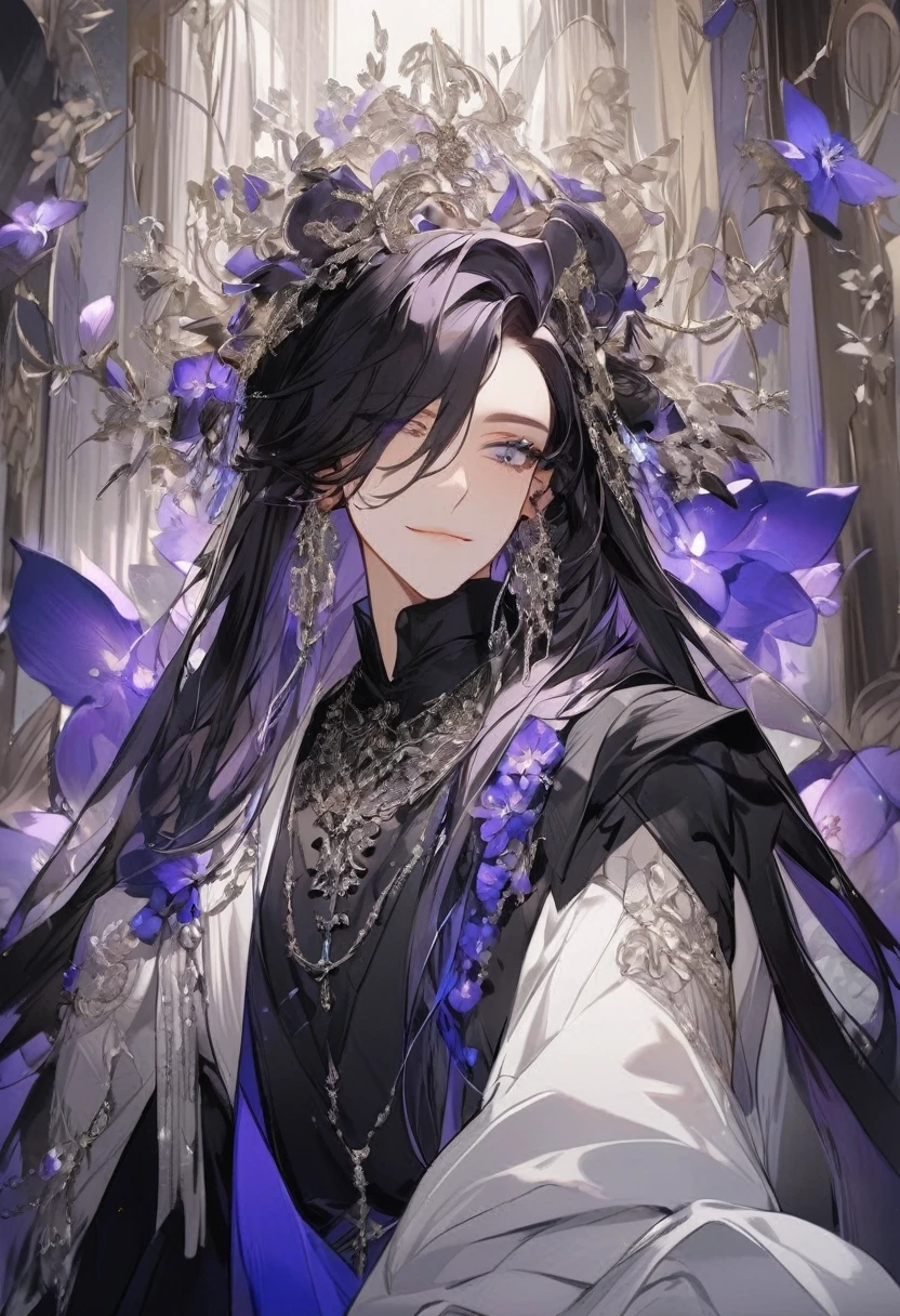 Guy, soft facial features, smile, squinted siren dark blue eyes without glare, silver and dark purple long loose hair with straight bang, fantasy black clothes with blue and purple elements, long black gloves, model, gorgeous, elegant, lots of silver jewelry, flowers in his hair