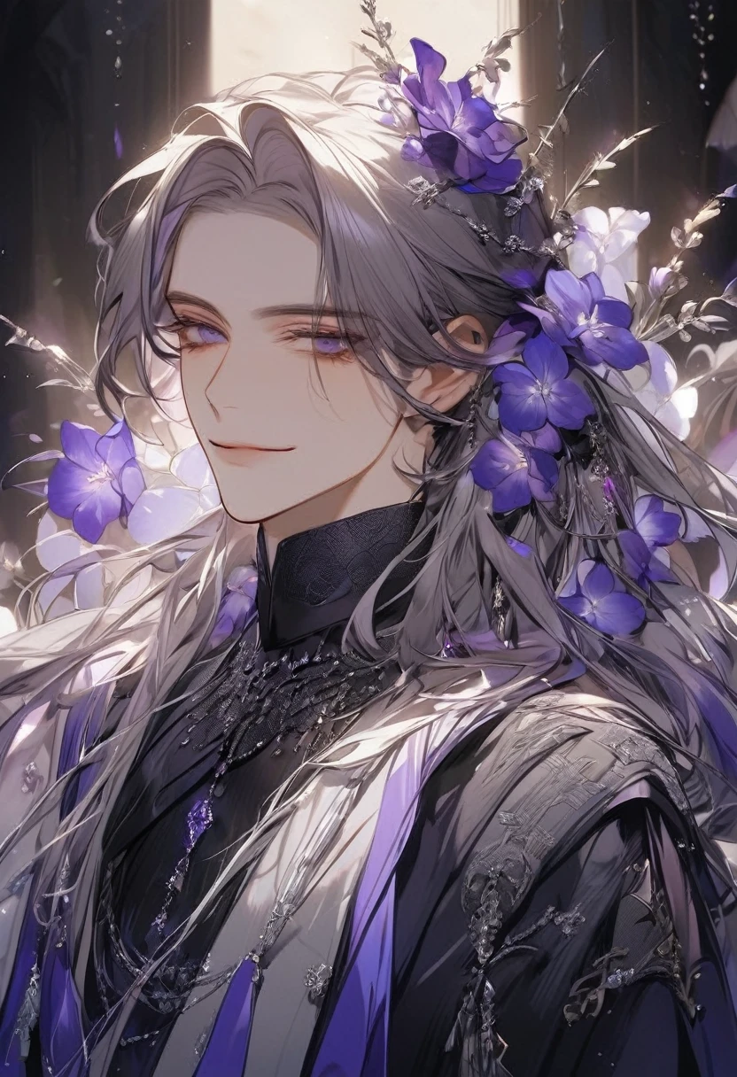 Guy, soft facial features, smile, squinted siren dark blue eyes without glare, silver and dark purple long loose hair with straight bang, fantasy black clothes with blue and purple elements, long black gloves, model, gorgeous, elegant, lots of silver jewelry, flowers in his hair